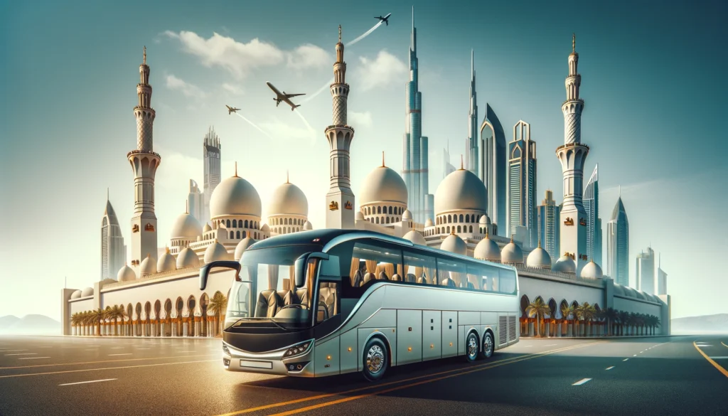 Group Travel Transportation Services. A luxurious bus parked in front of iconic landmarks of the UAE, like the Burj Khalifa in Dubai and the Sheikh Zayed Grand Mosque in Abu Dhabi, showcas