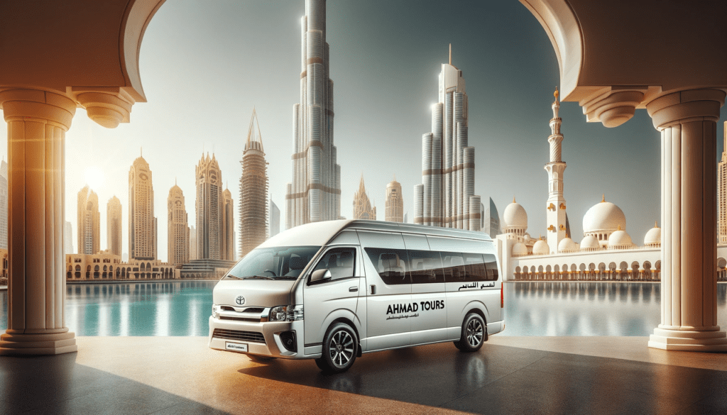 Minibus Rentals in Dubai UAE modern, white minibus , parked in a picturesque desert landscape with sand dunes