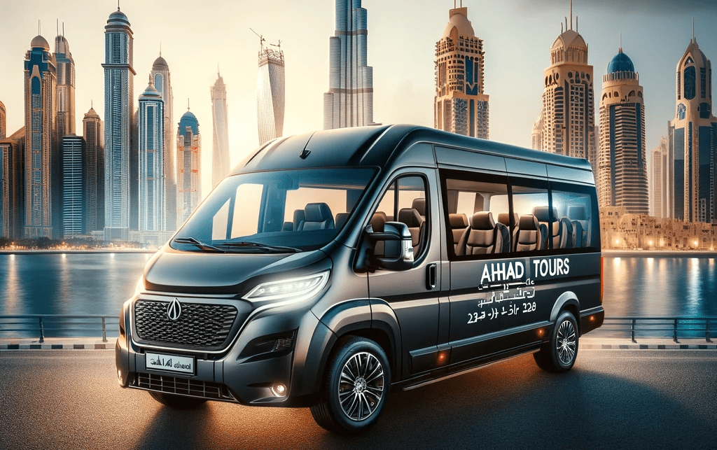 Van Rental in Dubai - A modern and luxurious 10-seater mini bus parked in front of the iconic Dubai skyline, highlighting landmarks like the Burj Khalifa. The bus is sleek