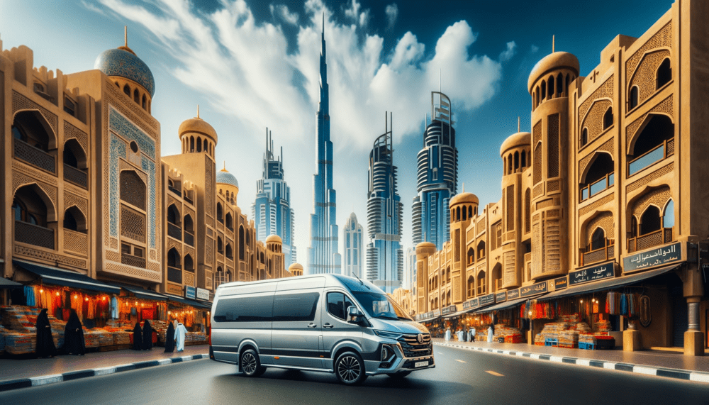 A bustling street in Dubai showing a modern rent a van in Dubai with from Ahmad Tours parked near famous landmarks like Burj Khalifa and traditional markets.