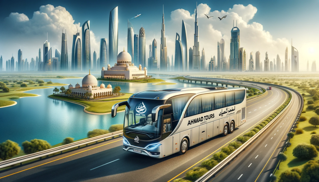 Your Ideal Bus Rental Abu Dhabi to Dubai: 1 Bus Rental Abu Dhabi to Dubai: A luxurious and comfortable bus driving through the scenic route from Abu Dhabi to Dubai, showcasing the modern exterior and comfortable interior.