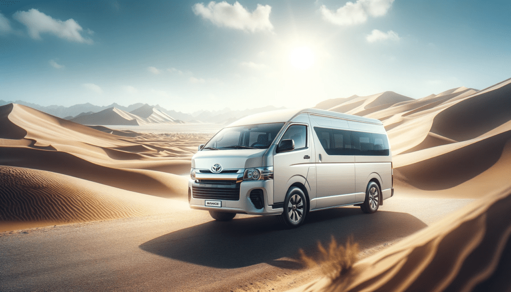 Minibus Rental in UAE modern, white minibus , parked in a picturesque desert landscape with sand dunes 1