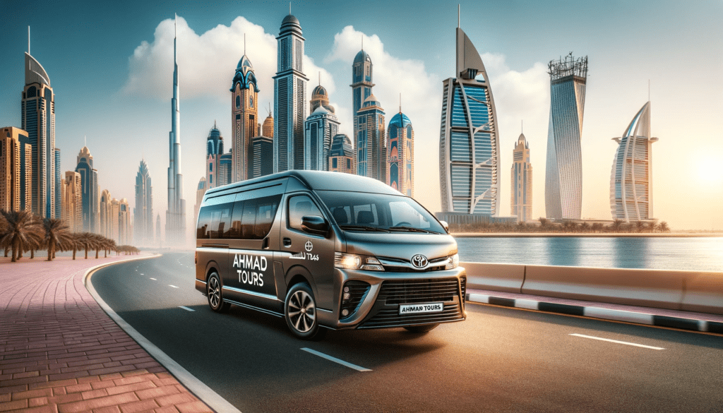 Mini Bus for Rent in Dubai - A luxurious, compact minibus with a design similar to the Toyota model provided, featuring Ahmad Tours branding, driving along a scenic Dubai