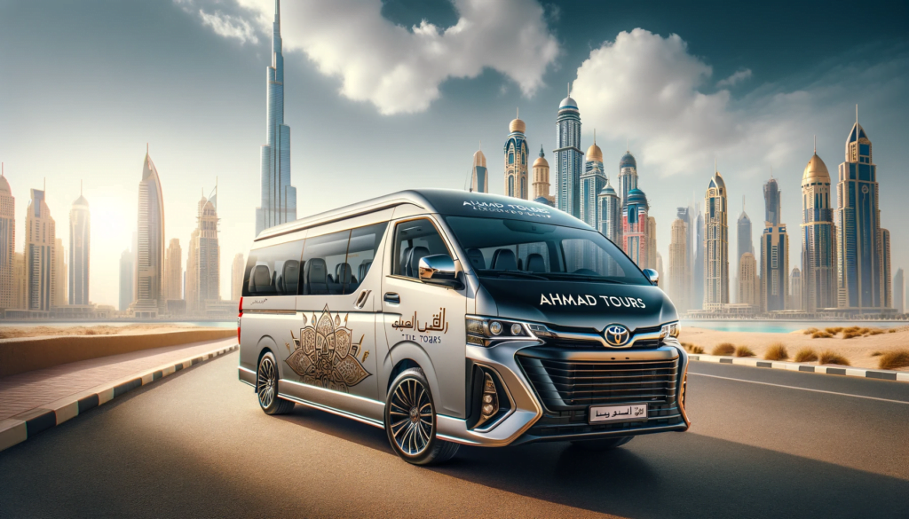 minibus hire in Dubai - A sleek, modern minibus similar in style to the Toyota model shown, customized with Ahmad Tours branding, parked in a picturesque location in Dubai